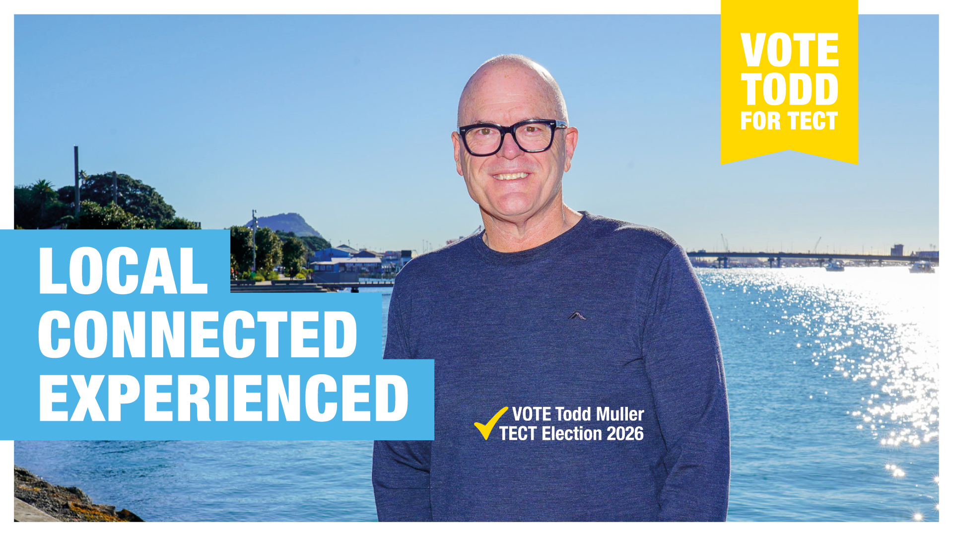 Todd Muller in Tauranga at the waterfront with Mauao in the background
